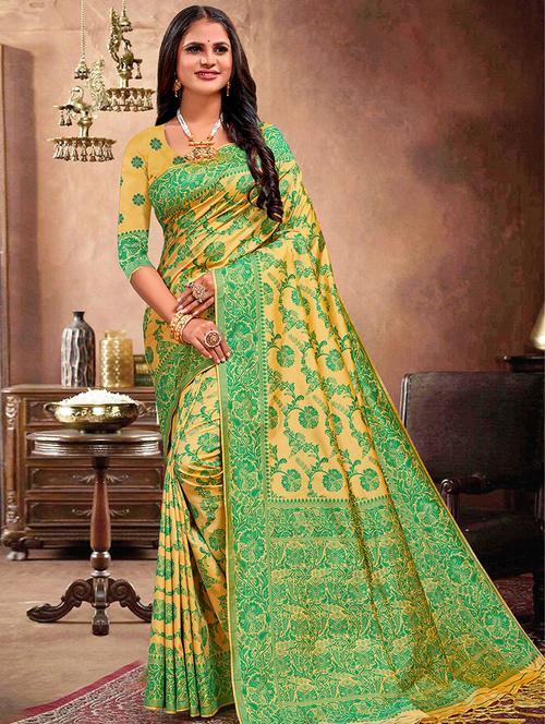 yellow silk woven printed saree with blouse - 19511761 - Very Small Image - 1