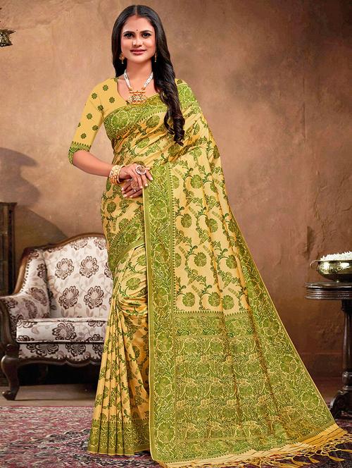 yellow self design woven saree with blouse - 19511763 - Very Small Image - 1