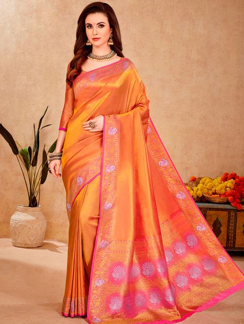 orange silk printed woven saree - 19511766 - Very Small Image - 1