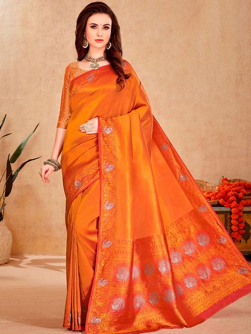 orange silk printed woven saree - 19511770 - Very Small Image - 1