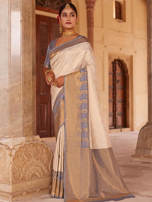 cream self design woven saree with blouse - 19511790 - Very Small Image - 1