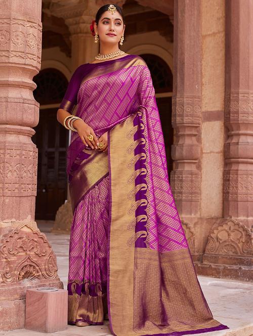 purple self design woven saree with blouse - 19511791 - Very Small Image - 1