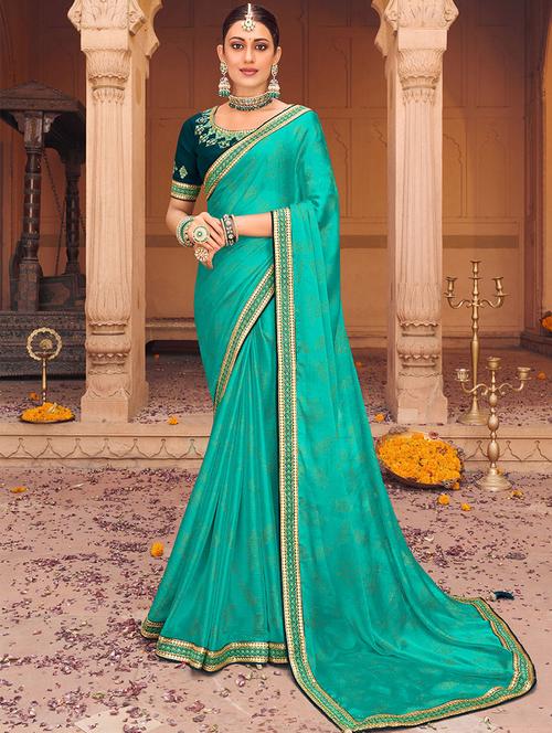 turquoise bordered saree with blouse - 19511812 - Very Small Image - 1