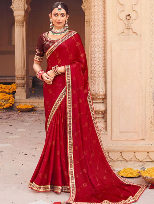 red bordered saree with blouse - 19511816 - Very Small Image - 1