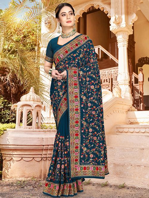 teal self design embroidered saree with blouse - 19511818 - Very Small Image - 1