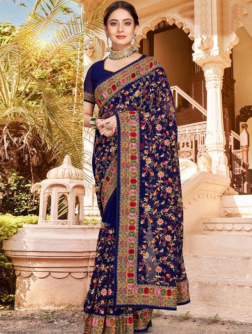 blue self design embroidered saree with blouse - 19511821 - Very Small Image - 1