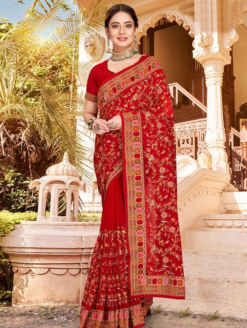 red self design embroidered saree with blouse - 19511822 - Very Small Image - 1