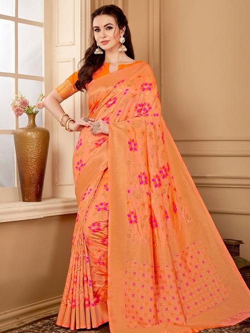 orange self design woven saree with blouse - 19511834 - Very Small Image - 1