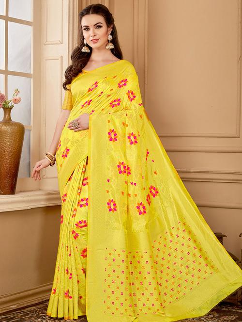 yellow self design woven saree with blouse - 19511835 - Very Small Image - 1