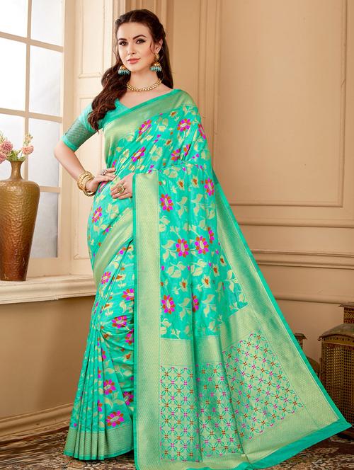 turquoise self design woven saree with blouse - 19511837 - Very Small Image - 1