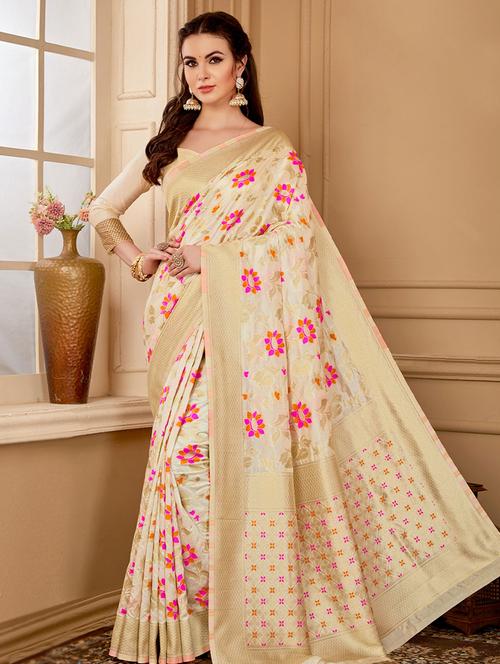 cream raw silk floral print woven saree with blouse - 19511838 - Very Small Image - 1