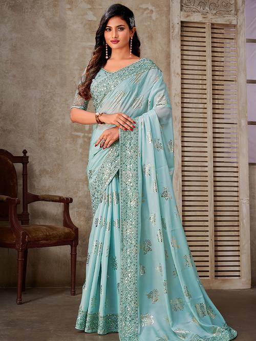 light blue bordered saree with blouse - 19511847 - Very Small Image - 1