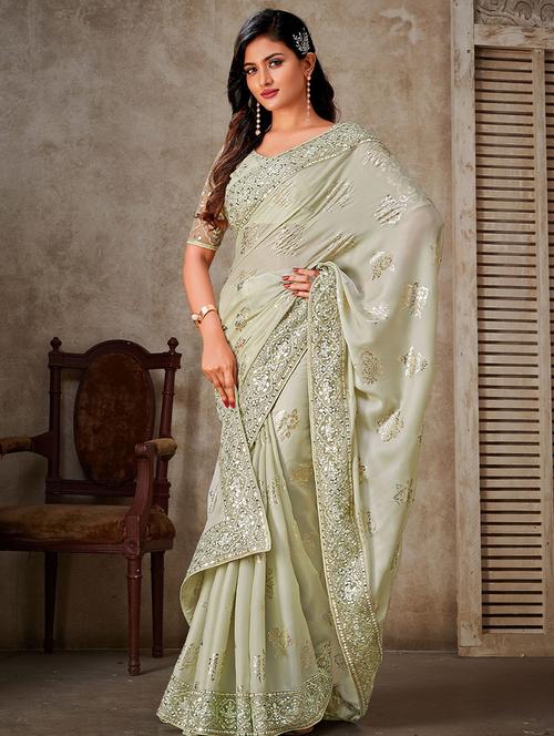 olive bordered saree with blouse - 19511849 - Very Small Image - 1