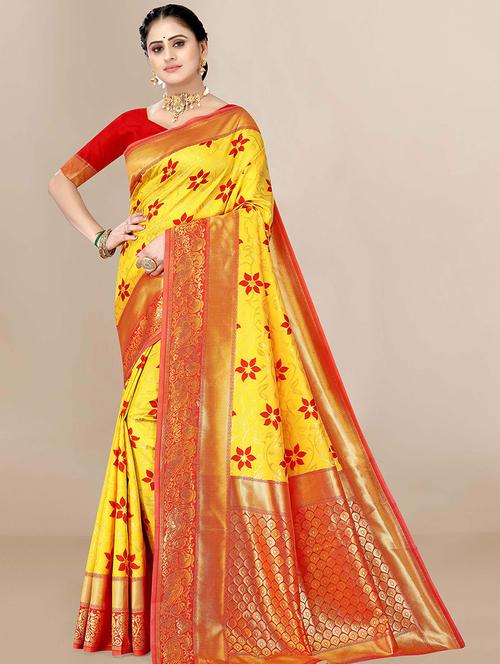 yellow self design woven saree with blouse - 19511850 - Very Small Image - 1