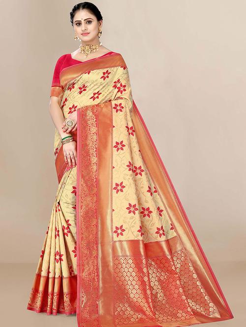 beige silk printed woven saree with blouse - 19511852 - Very Small Image - 1
