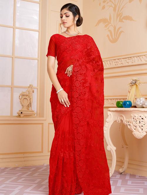 red self design embroidered saree with blouse - 19511860 - Very Small Image - 1
