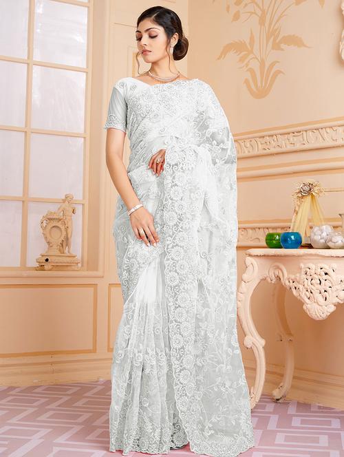 white self design embroidered saree with blouse - 19511861 - Very Small Image - 1