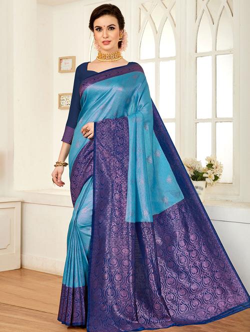 blue silk foil print woven saree - 19511871 - Very Small Image - 1