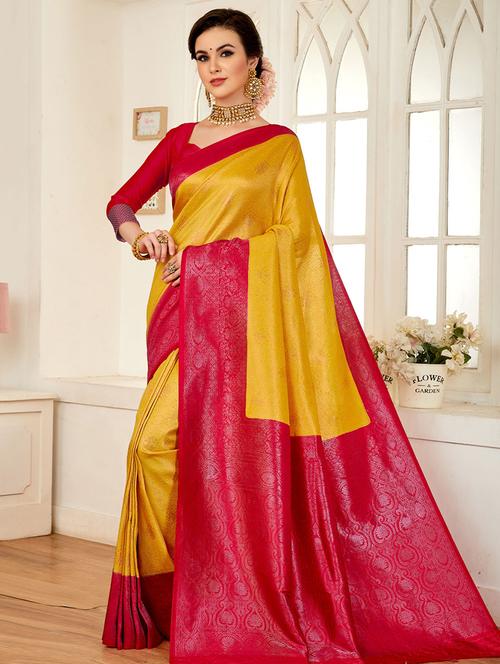 yellow self design woven saree with blouse - 19511873 - Very Small Image - 1