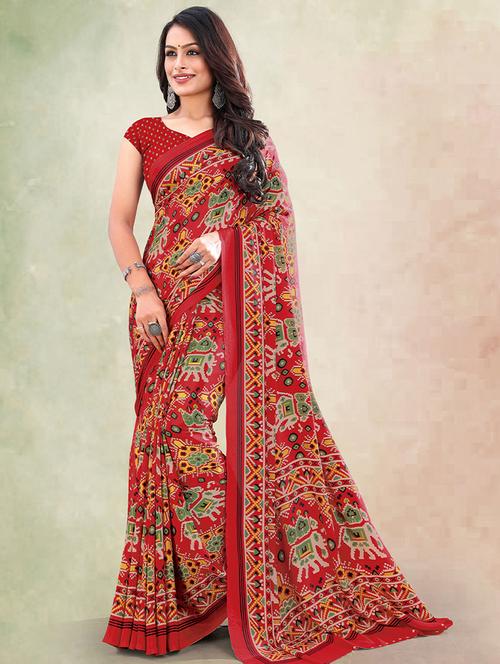 red printed saree with blouse - 19511880 - Very Small Image - 1