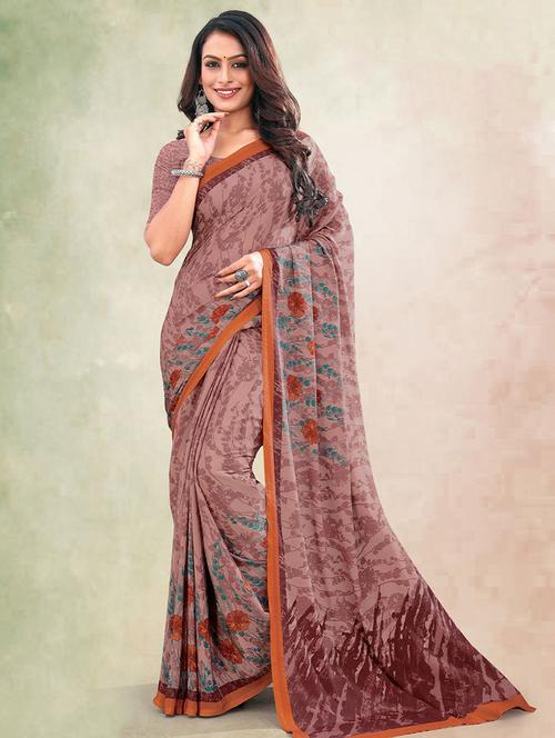brown printed saree with blouse - 19511887 - Very Small Image - 1