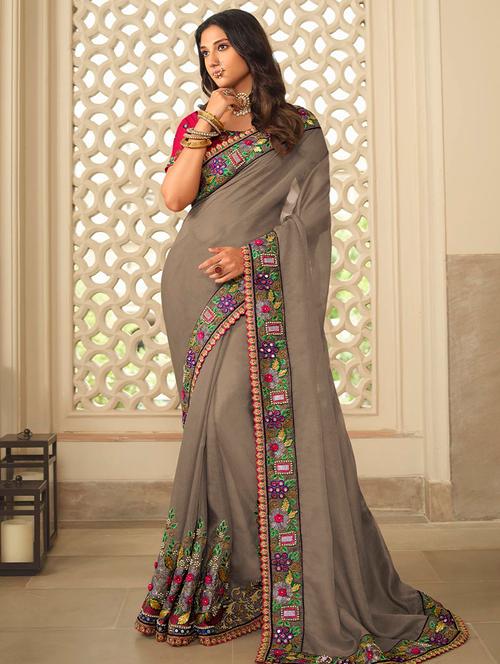grey bordered saree with blouse - 19511901 - Very Small Image - 1