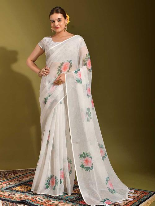 white printed saree with blouse - 19511927 - Very Small Image - 1