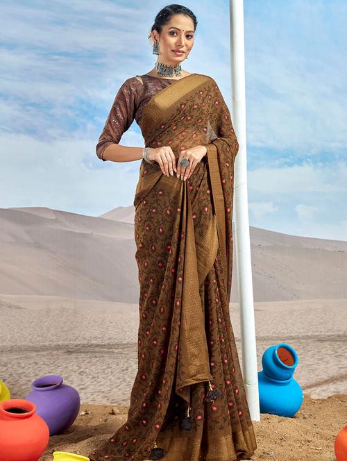 brown printed saree with blouse - 19511943 - Very Small Image - 1