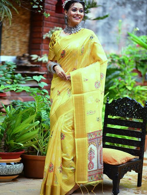 yellow self design woven saree with blouse - 19511946 - Very Small Image - 1