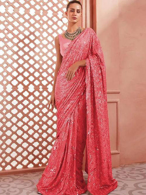 pink self design embroidered saree with blouse - 19511959 - Very Small Image - 1