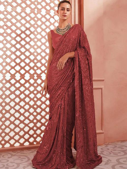 maroon self design embroidered saree with blouse - 19511961 - Very Small Image - 1