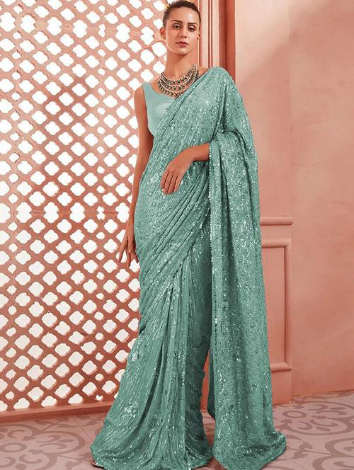 blue sequins saree with blouse - 19511963 - Very Small Image - 1