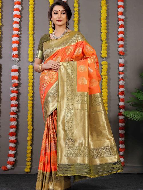 orange banarasi saree with blouse - 19511976 - Very Small Image - 1