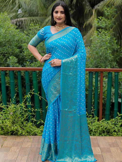 bandhej aqua blue saree with blouse - 19512019 - Very Small Image - 1