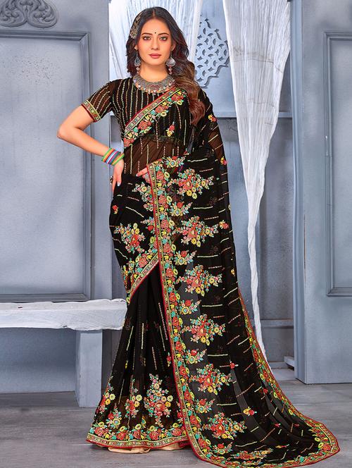 black embroidered saree with blouse - 19512031 - Very Small Image - 1