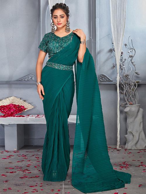 turquoise embroidered and sequins saree with blouse - 19512108 - Very Small Image - 1