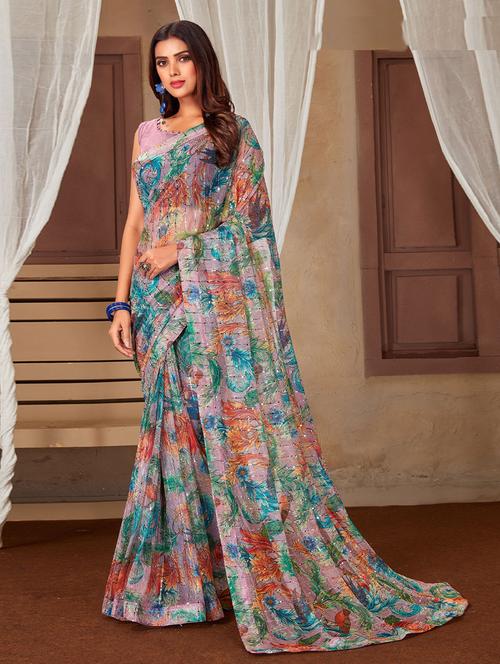 multi colored soft net saree with blouse - 19512117 - Very Small Image - 1