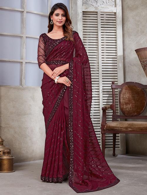 maroon self design embroidered saree with blouse - 19512130 - Very Small Image - 1