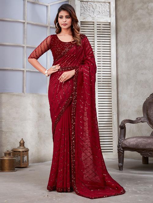 red self design embroidered saree with blouse - 19512132 - Very Small Image - 1