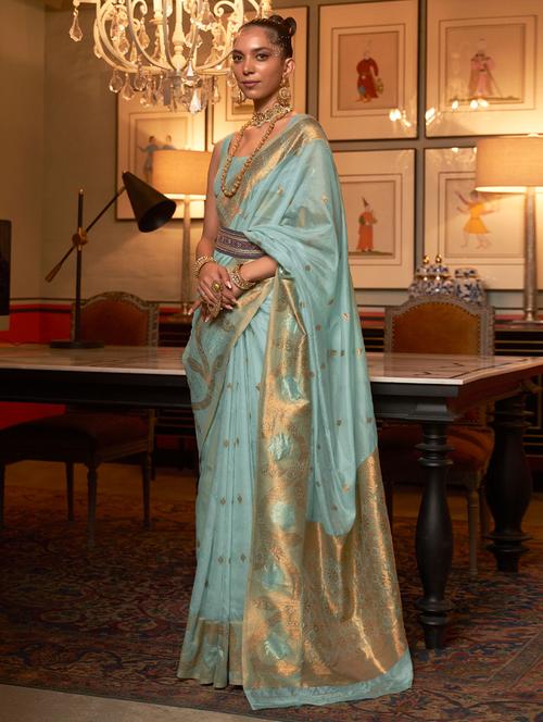 light blue self design woven saree with blouse - 19512143 - Very Small Image - 1