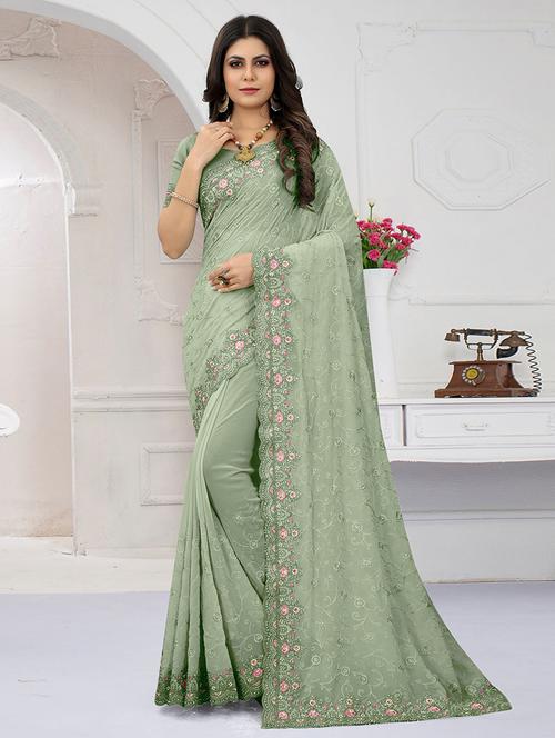olive self design embroidered saree with blouse - 19512157 - Very Small Image - 1