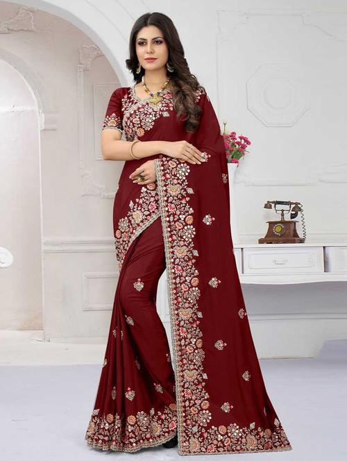 maroon self design embroidered saree with blouse - 19512161 - Very Small Image - 1