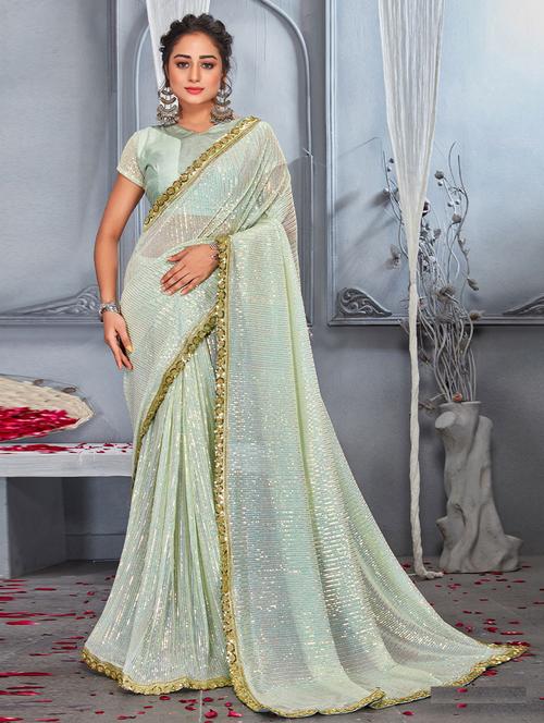 light green self design embroidered saree with blouse - 19512169 - Very Small Image - 1