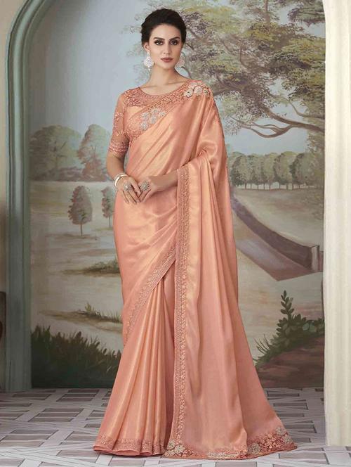 peach bordered saree with blouse - 19512196 - Very Small Image - 1