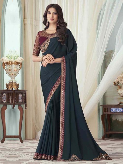 dark blue bordered saree with blouse - 19512200 - Very Small Image - 1