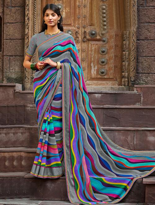 self designed printed saree with blouse - 19512236 - Very Small Image - 1