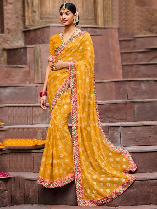 yellow printed bordered saree with blouse - 19512238 - Very Small Image - 1