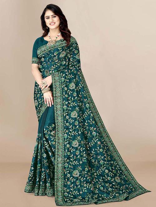 teal self design embroidered saree with blouse - 19512243 - Very Small Image - 1