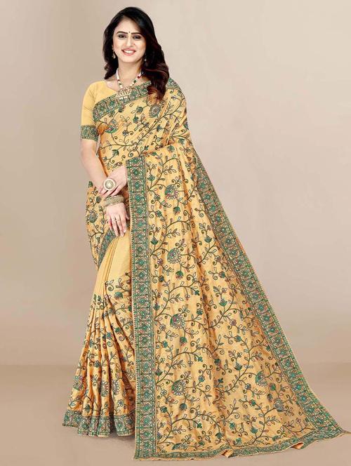 yellow self design embroidered saree with blouse - 19512244 - Very Small Image - 1