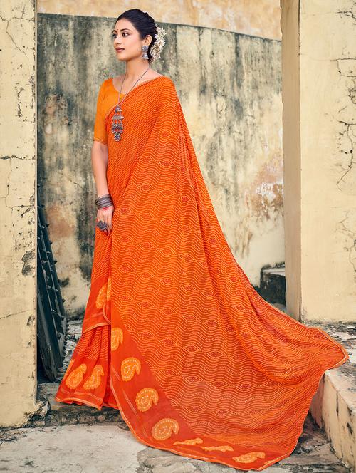 orange printed saree with blouse - 19512258 - Very Small Image - 1